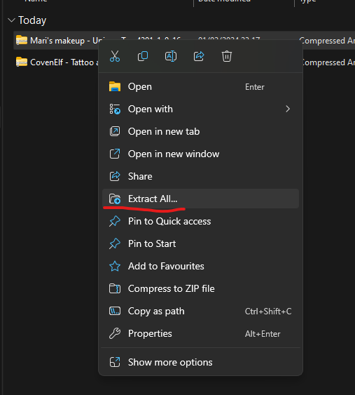 Extract All highlighted in File Explorer right click menu